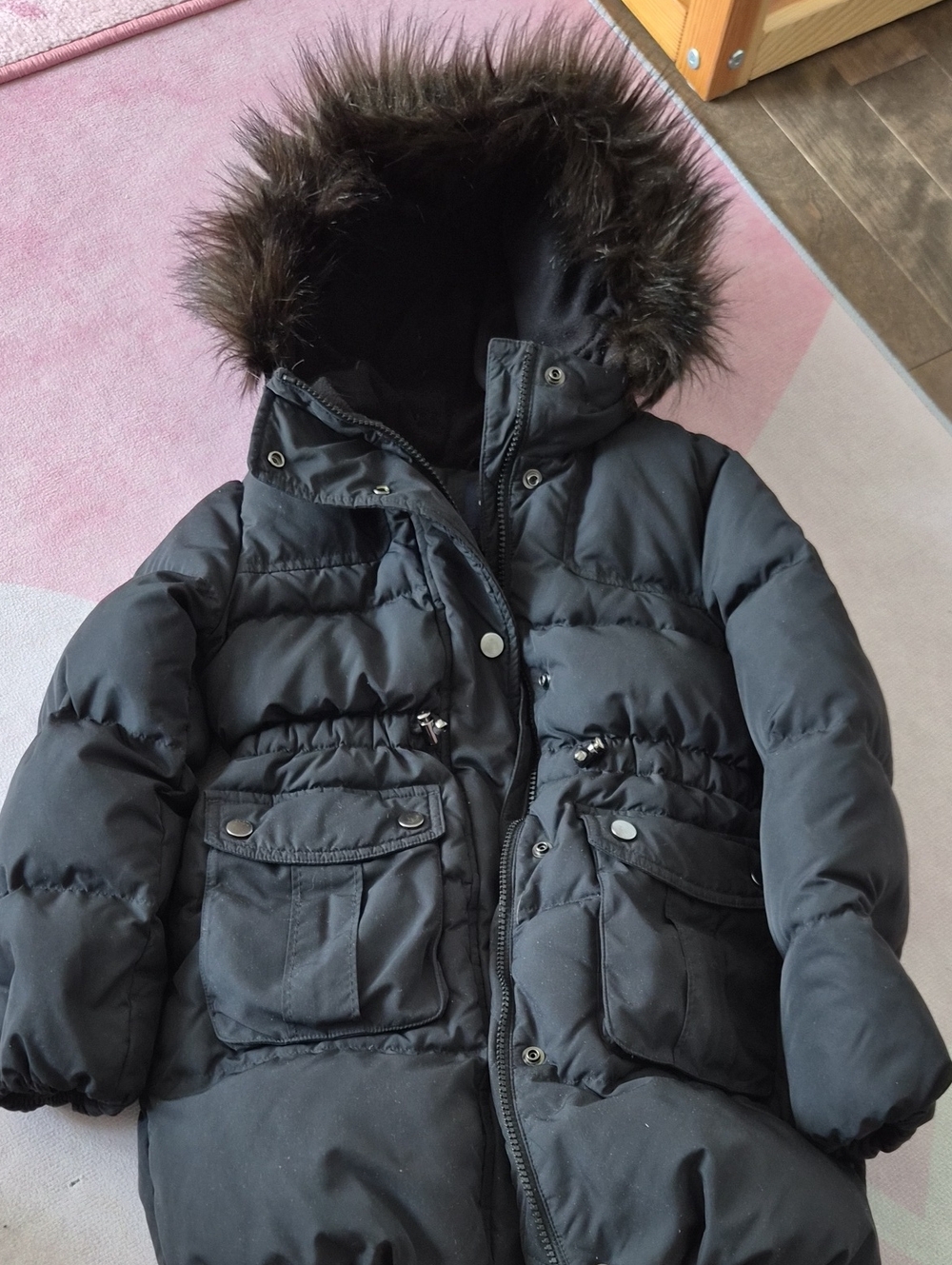 GAP Black Kids Puffer Coat with Faux Fur Hood
